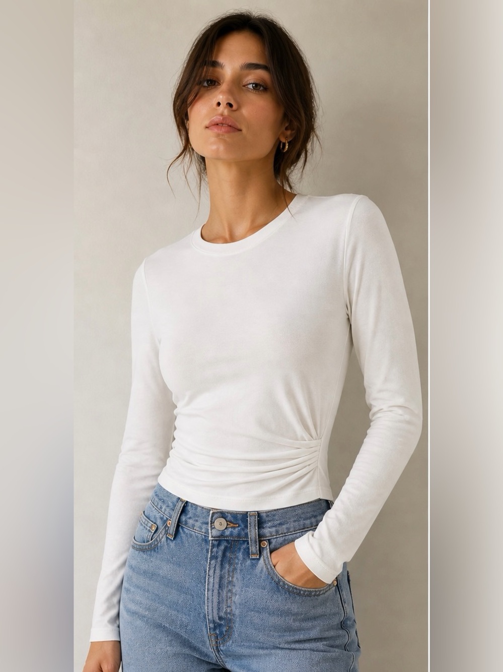IN WEAR Draped Ruched Organic Cotton Long Sleeve Top